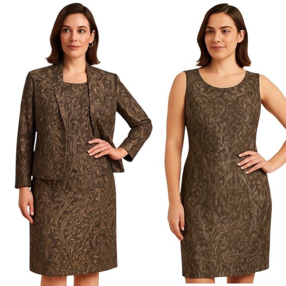 Kasper Size 12 2-Piece Dress Suit w/ Blazer Jacket Floral Jacquard Gold Brown - Picture 1 of 12